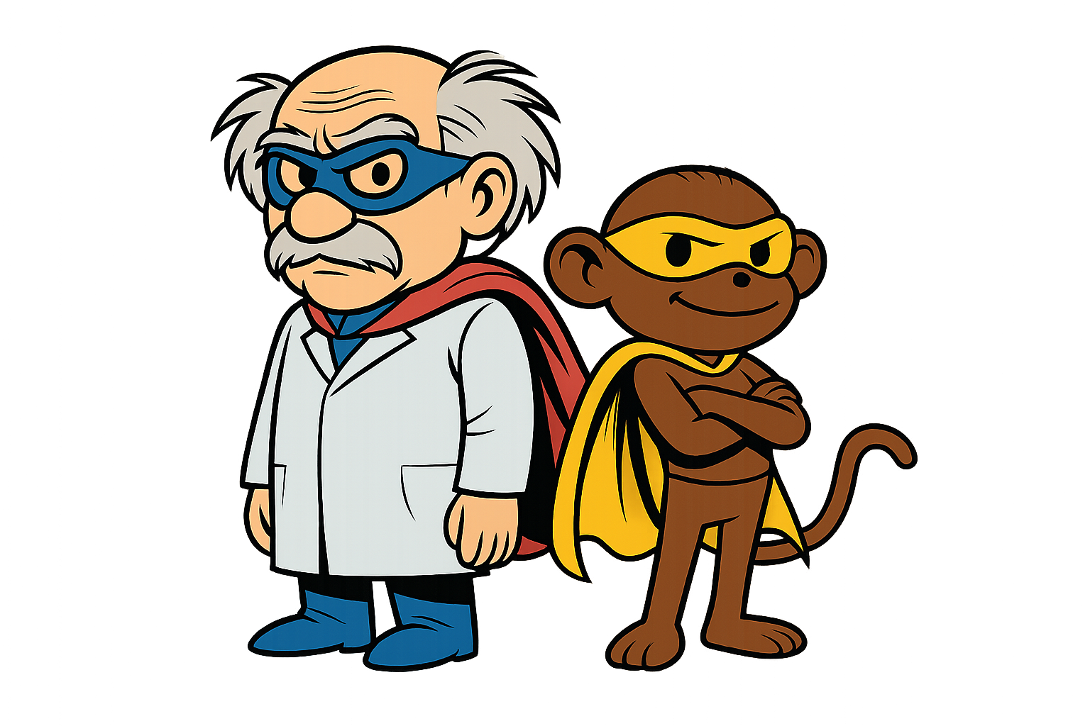Professor P. (blue mask, red cape) and Smart Alex (banana‑yellow mask and cape) standing back‑to‑back